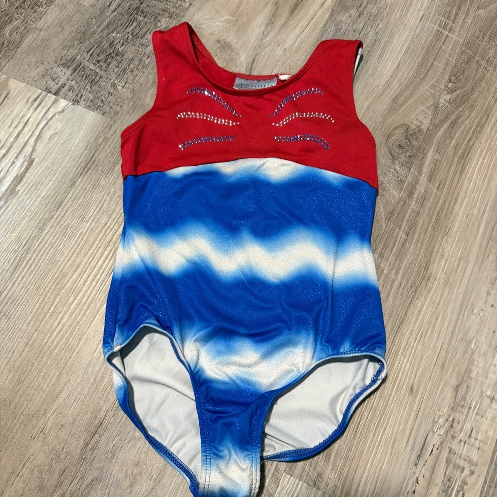 Red and Blue Girls' Sleeveless Leotard with Rhinestone Detail
